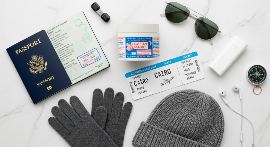 Hats, gloves, passport, travel essential