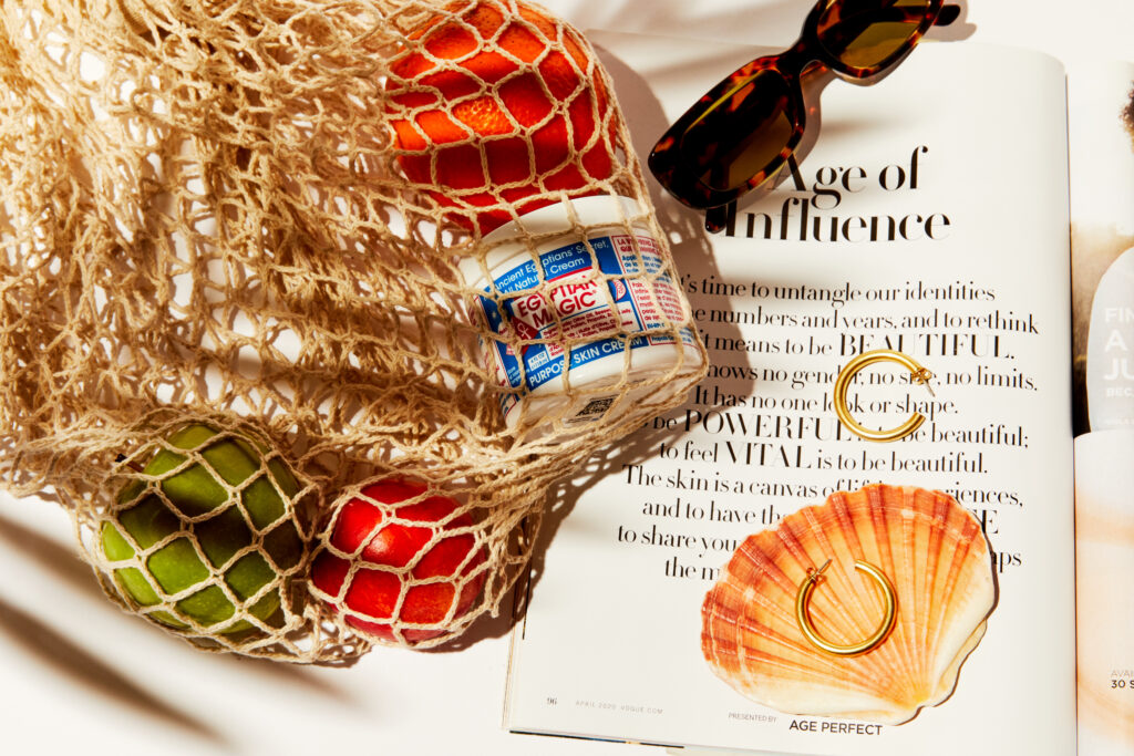 Fruits, book, shells, Egyptian Magic, beach bag